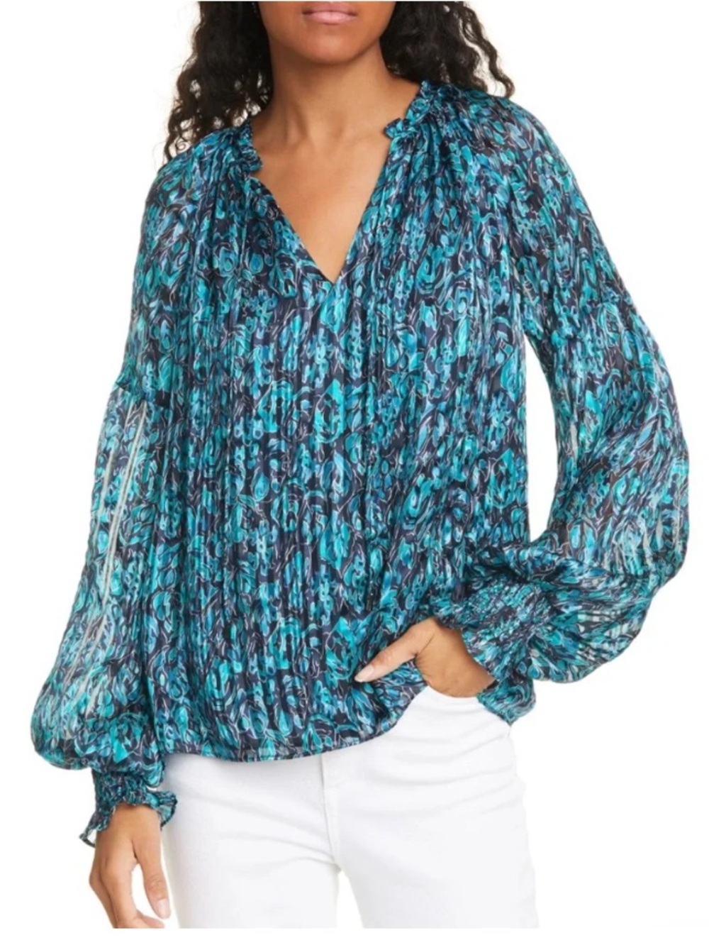 RAMY Brook Luanne Blue Teal Printed V-Neck Long-Sleeve Top 💙💙